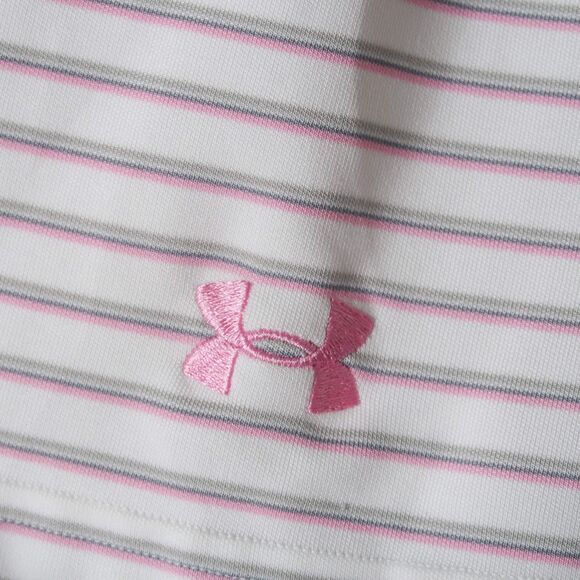 Under Armour Mens Loose Polo Shirt 2XL Pink White Stripes HeatGear Cancer Ribbon - Picture 9 of 11